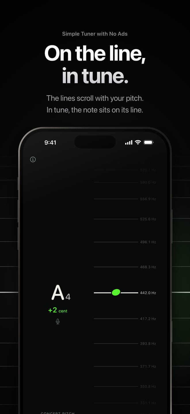 On the line, in tune: A4, 2 cents sharp, the green note sitting on its line.