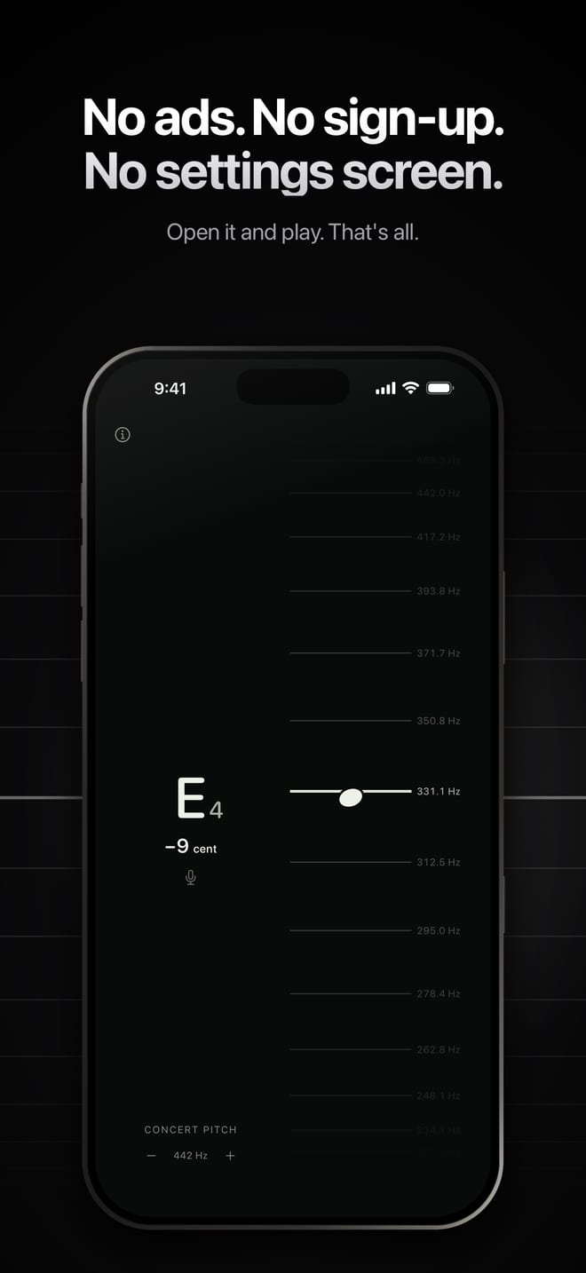 No ads, no sign-up, no settings screen: E4, 9 cents flat, in white.