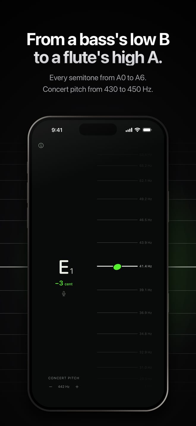 From a bass's low B to a flute's high A: E1 on a bass, 3 cents flat.